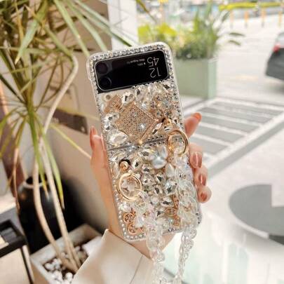 Luxury Perfume Bottle Fully Rhinestoned Folding Phone Case With Chain, Suitable For Samsung Galaxy Z Flip3 5G/Galaxy Z Flip 4 5G/Galaxy Z Flip 5 5G/Galaxy Z Flip 6 5G/Galaxy Z Flip 7 5G, Personalized For Women