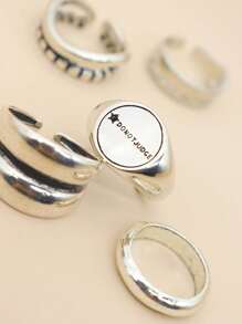 5pcs Do Not Judge Pentagram Minimalist Wide Band Ring Set For Women - Antique Silver - View 3