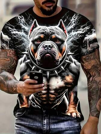 男士夏季舒适 T 恤，创意狗狗印花短袖 T 恤，夏季日常生活透气上衣，3D 大码，休闲，户外服装