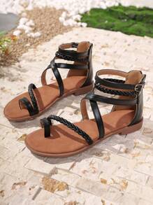 Nuevas sandalias planas de mujer de unicolor con estilo romano, diseño de tira de dedo con cremallera trasera, sandalias de playa casuales de moda verano con tira tejida, estilo resort de playa, sandalias planas negras para mujer