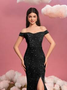 Vestido de noche de gala para adolescentes con hombros descubiertos, corte sirena con abertura alta y cola hasta el suelo - Vestido de fiesta formal sofisticado para adolescentes para galas, bailes de graduación, recepciones de boda, eventos de alfombra roja y cenas de etiqueta - Negro - Ver 7