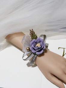 1pc Elegant Purple Violet Korean Style Bridal Wrist Flower, Wedding Dress Accessory, Bridesmaid Gift, High-End Wedding Favor, Exquisite Pearl Chain Party Bracelet Valentine's Day Accessories - Violet Purple - View 1