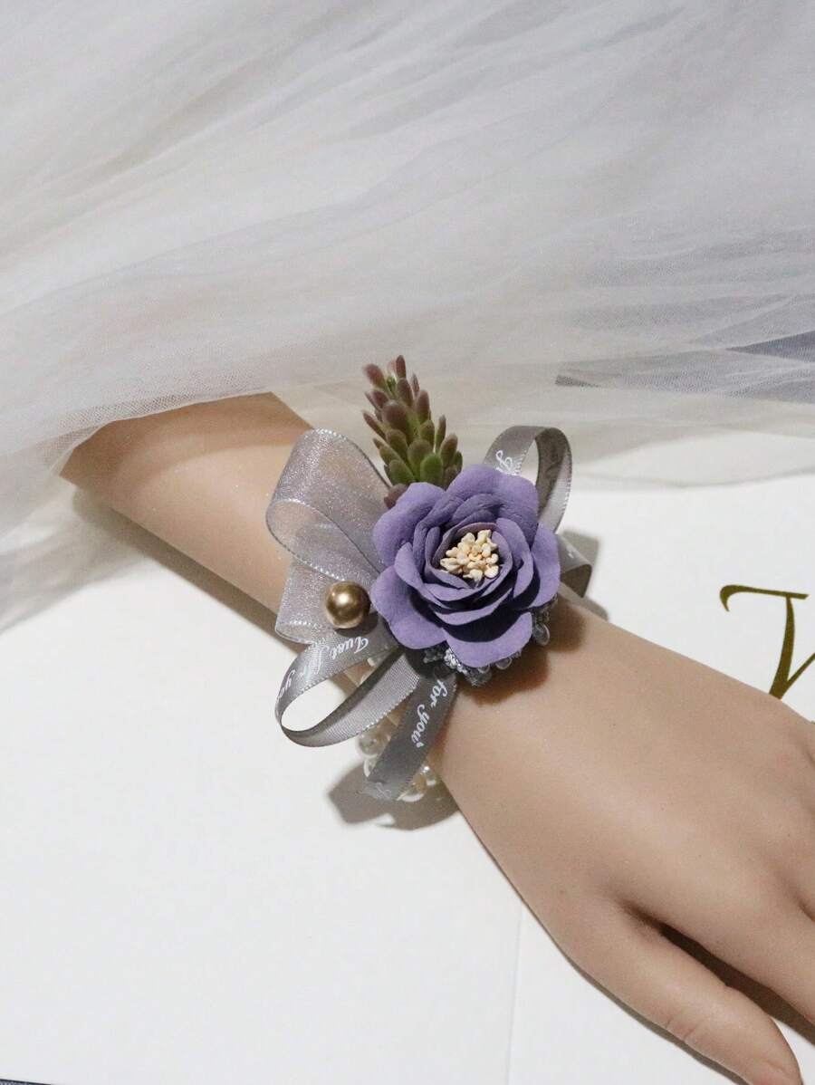 1pc Elegant Purple Violet Korean Style Bridal Wrist Flower, Wedding Dress Accessory, Bridesmaid Gift, High-End Wedding Favor, Exquisite Pearl Chain Party Bracelet Valentine's Day Accessories - Violet Purple - View 1