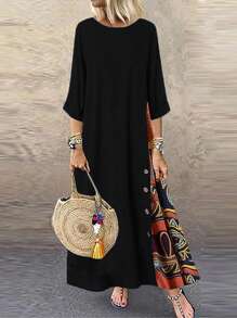 春夏新款休闲七分袖加大码中长连衣裙，带口袋的花卉拼布，女式连衣裙