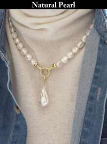 1pc Fashion Asymmetrical Baroque Pearl Necklace, Natural White Baroque Pearl Pendant Necklace, Stylish & Unique For Daily Wear, Holiday Gift