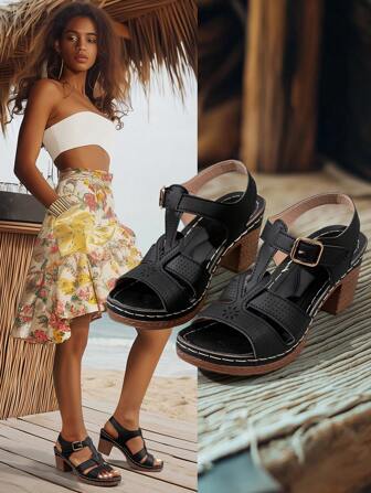 2025 新款夏季女式中跟厚底凉鞋，扣带镂空雕花百搭粗跟厚底露趾罗马凉鞋，黑色，露趾缝线工艺，轻便舒适，耐磨，大码时尚