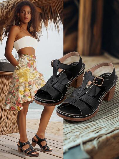 2025 新款夏季女式中跟厚底凉鞋，扣带镂空雕花百搭粗跟厚底露趾罗马凉鞋，黑色，露趾缝线工艺，轻便舒适，耐磨，大码时尚