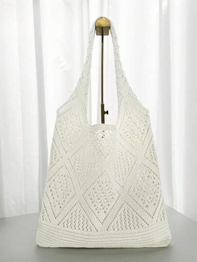 Borsa a uncinetto minimalista con design traforato, ideale per vacanze, scuola, grande capienza, portatile, adatta per ragazze adolescenti, donne, studenti universitari, lavoratori d'ufficio, perfetta per lavoro, ritorno a scuola, scuola media, superiore, università, vacanze