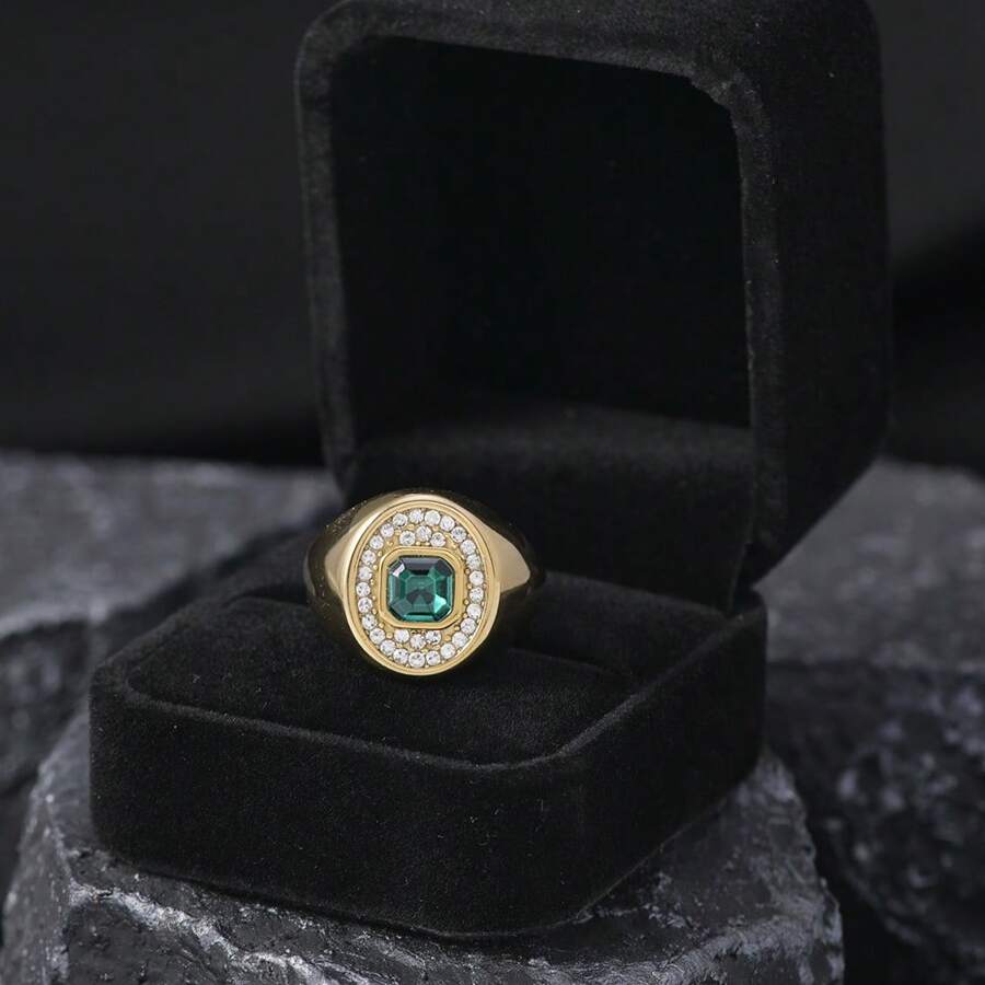 1pc Classic Luxurious Stainless Steel Cast Jewelry, 3D Elliptical Rhinestone Titanium Steel Women Ring (With Gift Box), Suitable For Gifts, Banquets And Weddings - Multicolor (with Gift Box) - View 1