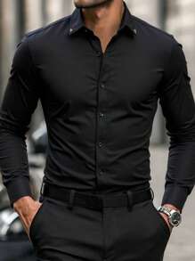 1 pièce Chemise noire d'affaires pour homme, résistante aux faux plis, col, coupe slim, manches longues, col brodé, convient pour le port au bureau