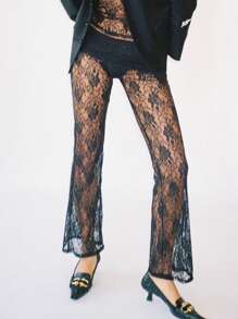 Women Sexy Sheer Lace Long Pants Floral Printed Flared Flared Pants For Party Dance Clubwear