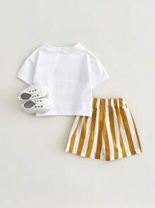 2Pcs/Set Newborn Infant Baby Boys Girls Casual Letter Print Short Sleeve Top + Striped Shorts, Summer