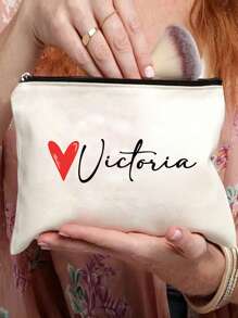 Bolsa de maquillaje personalizada con estampado de corazón, neceser de viaje con nombre personalizado, organizador de cosméticos sin olor, unisex adulto, beige, impresión de posicionamiento - Beis - Ver 3