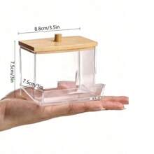 1 pieza Soporte acrílico para hisopos de limpieza con tapa de bambú, dispensador de hisopos de limpieza pequeños y transparentes, organizador de bastoncillos de plástico, recipiente para palillos, organizador decorativo para el mostrador del baño
