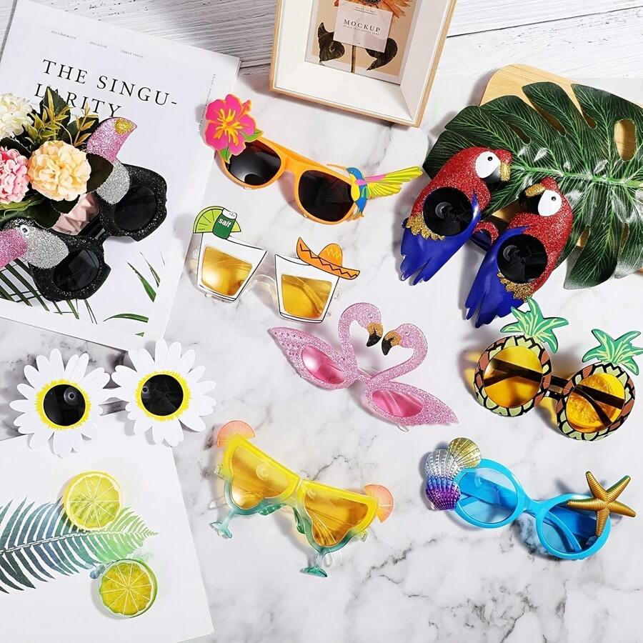 16 Pcs Tropical Luau Party Pack: Vibrant Hawaiian & Summer Beach Themed Novelty Sunglasses - Fun Plastic Glasses For Holiday Decorations, Photo Props, Theme Parties, Hawaiian Parties
