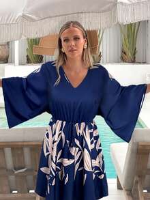 V-Neck Oversized Batwing Sleeve Floral Print Long Sleeve Dress - Navy Blue - View 5