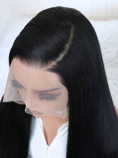 Soft Preplucked Silky Straight 13x6 Lace Front Wig With Free Part Black Color 30Inch 180Density Synthetic Glueless Daily Wear Wigs