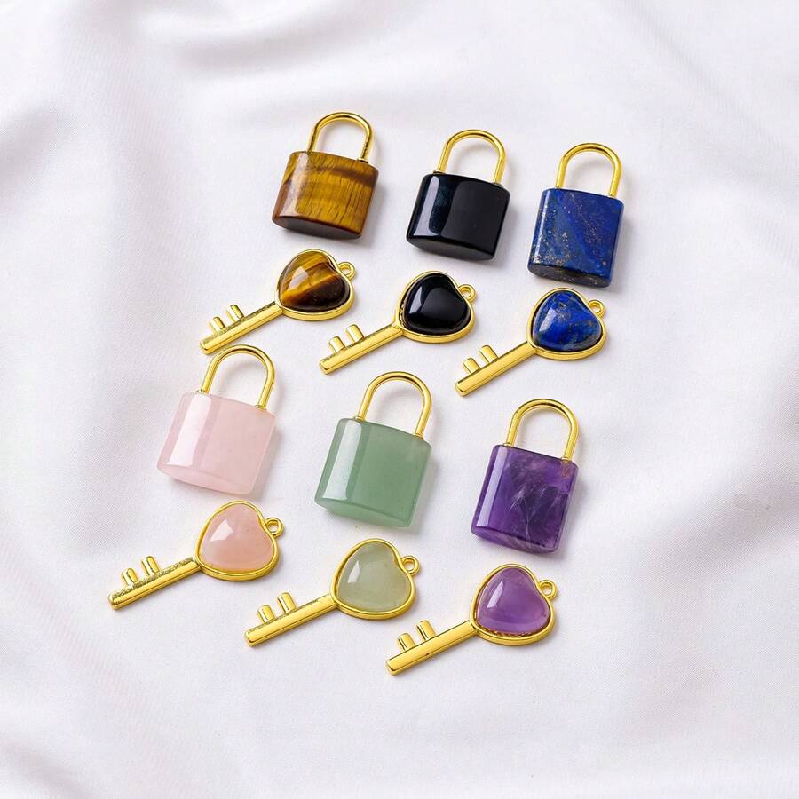 1PC Natural Crystal Gemstone Lovers Lock Key Pendant Love Shape Energy Necklace Jewelry Reiki Beloved Female Valentine's Day Gift - Couple Lock - View 1