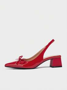 Women's Solid Color Pointed Toe Closed Toe Bow Decor High Heel Shoes, Comfortable Slingback Thick Heel Fashion Pumps, Suitable For Elegant Daily, Commute, Party, Formal Events In Autumn/Winter, Red,Elegant - Red - View 7