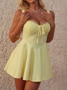 WOWDARK Women's Winter Dress, Yellow Valentine's Day Dress, Fashion Spaghetti Strap Lace Trim A-Line Party Dress, Suitable For Valentine's Day, Dates, Gatherings, Parties, Travel, Vacation, Beach And Other Occasions - Yellow - View 4