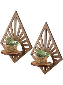 1/2 Pcs Bohemian Brown Vintage Wall Mounted Shelves, Rustic Farmhouse Style Wooden Wall Mounted Diamond Hanging Candle Holder, Suitable For Nursery Bedroom Decor (Diamond) - Multicolor - View 9