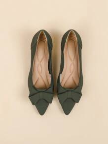Women's Pointed Toe Casual Flats, Bow Decor, 4cm French Kitten Heel, Young Style, Suitable For Dresses, Cute Design - Green - View 3