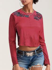 Womenacute;S Aesthetic Gothic Tops Retro Floral Print Bead Decor Long Sleeve Round-Neck Grunge T-Shirts For Summer Spring