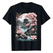 Japanese Chinese Temple Sakura Cherry Blossom Landscape T-Shirt Soft Breathable T-Shirt For Both Men And Wome - Black - View 1