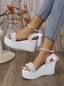 Women's Thick Sole Pearl & Bow Decor Platform Sandals, Waterproof Casual Beach Party Shoes
