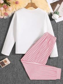 1 Set Girls' Casual Spring/Autumn Cherry Print Long Sleeve Top And Bright Red Striped Pants Homewear, Multifunctional And Comfortable Fabric For Leisure And Home Wear - Pink - View 2