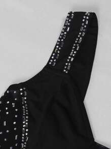 Women Elegant Rhinestone Mesh Sheer Semi-Transparent V-Neck Sleeveless Slim Jumpsuit, Sexy Party Wear For Summer - 黑色 - 查看 5