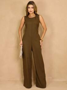 Elegant Linen Pantaloon Jumpsuit Wide Legs And Discreet Pockets - Moss Green - View 1