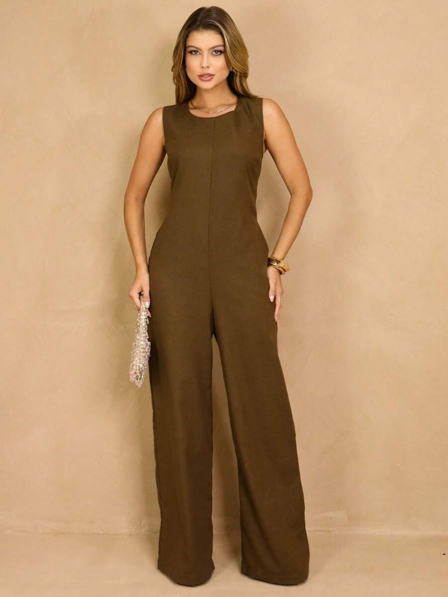 Elegant Linen Pantaloon Jumpsuit Wide Legs And Discreet Pockets - Moss Green - View 1