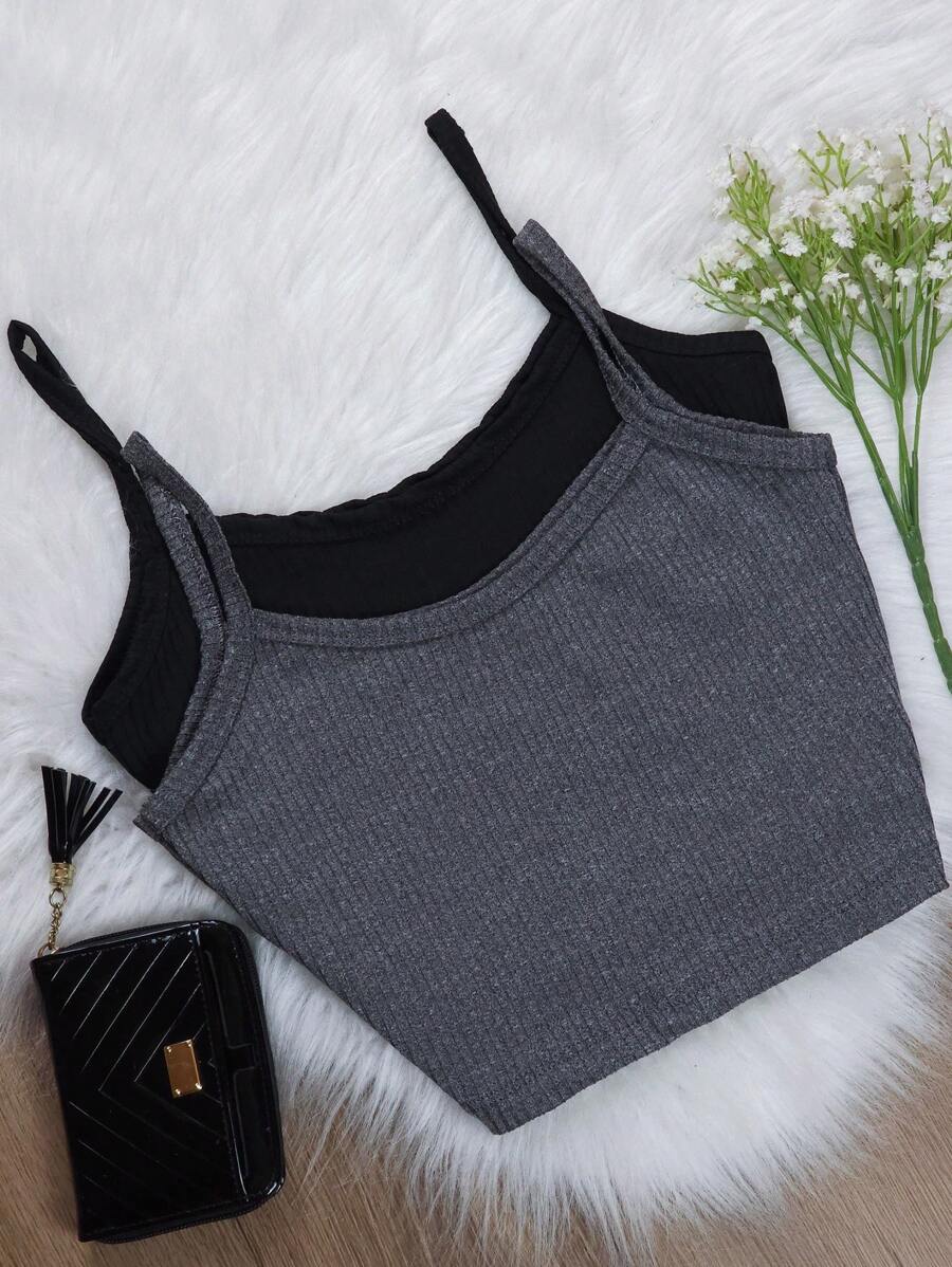 Kit Of 2 Women's Ribbed Tank Tops With Straps – Tight, Basic And Comfortable - Màu xám đen - Xem 1
