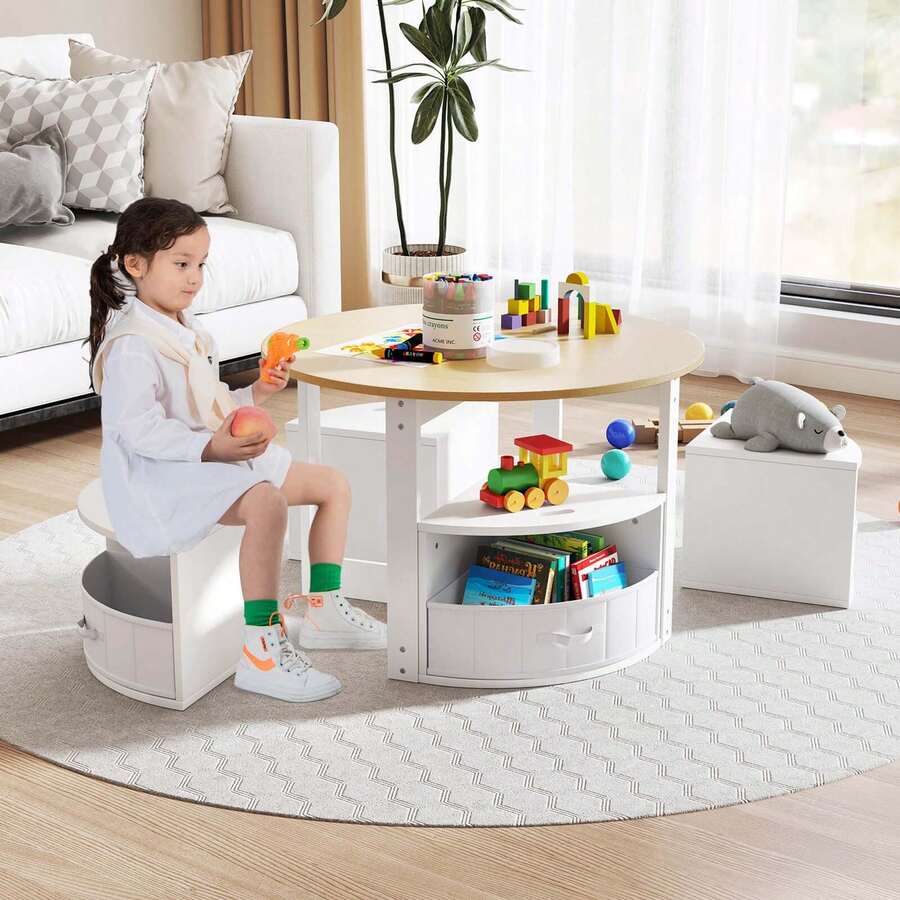 Lifezeal 5 Piece Kids Play Table And Chairs Set Round Nesting Table Toddler Furniture Gray/Natural - Natural - View 1
