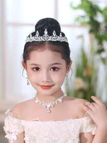 4pcs Silver Diamond Crystal Jewelry Set For Teenagers - Necklace, Tiara Crown, Hair Accessories, Princess Party Headband, Luxury Bridal Wedding Jewelry Gift Box For Holidays, Ball Events