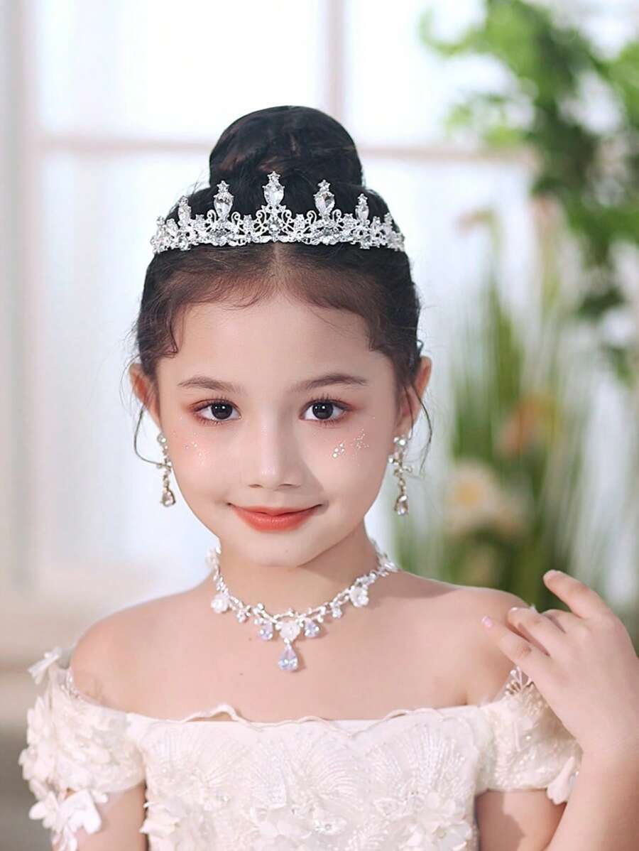 4pcs Silver Diamond Crystal Jewelry Set For Teenagers - Necklace, Tiara Crown, Hair Accessories, Princess Party Headband, Luxury Bridal Wedding Jewelry Gift Box For Holidays, Ball Events