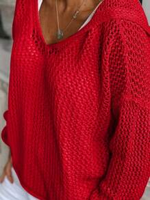 Plus Size Women's Solid Color Drop Shoulder Long Sleeve Hollow Hooded Sweater, Casual For Autumn - Red - View 2