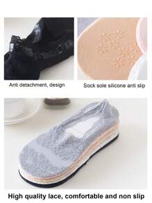 10 Pairs Women Breathable Silicone Non-Slip Invisible Anklet Socks, Fashionable Sheer Lace Short Socks, Summer