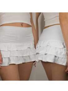 Women's Summer Mini Skirt Solid Color Tiered Ruffle Y2k Gothic Tutu Short Skirt - White - View 2