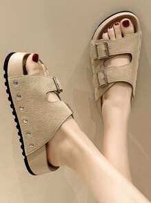 Women's Thick Sole Studded Belt Buckle Slides, Solid Color Indoor/Outdoor Personalized Sweet & Slippers, Summer