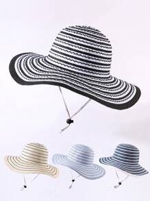 1 件双色条纹简约休闲宽边太阳帽，男女通用户外街头登山旅游沙滩防晒小渔夫帽