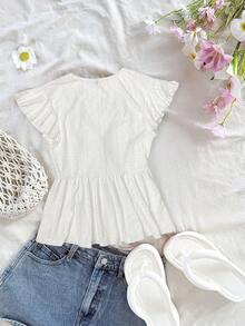 女士系带针织提花镂空 V 领短袖 T 恤