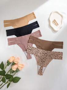 Set de 5 bragas tipo tanga de leopardo con estampado sexy, transpirables y cómodas para fitness y deportes