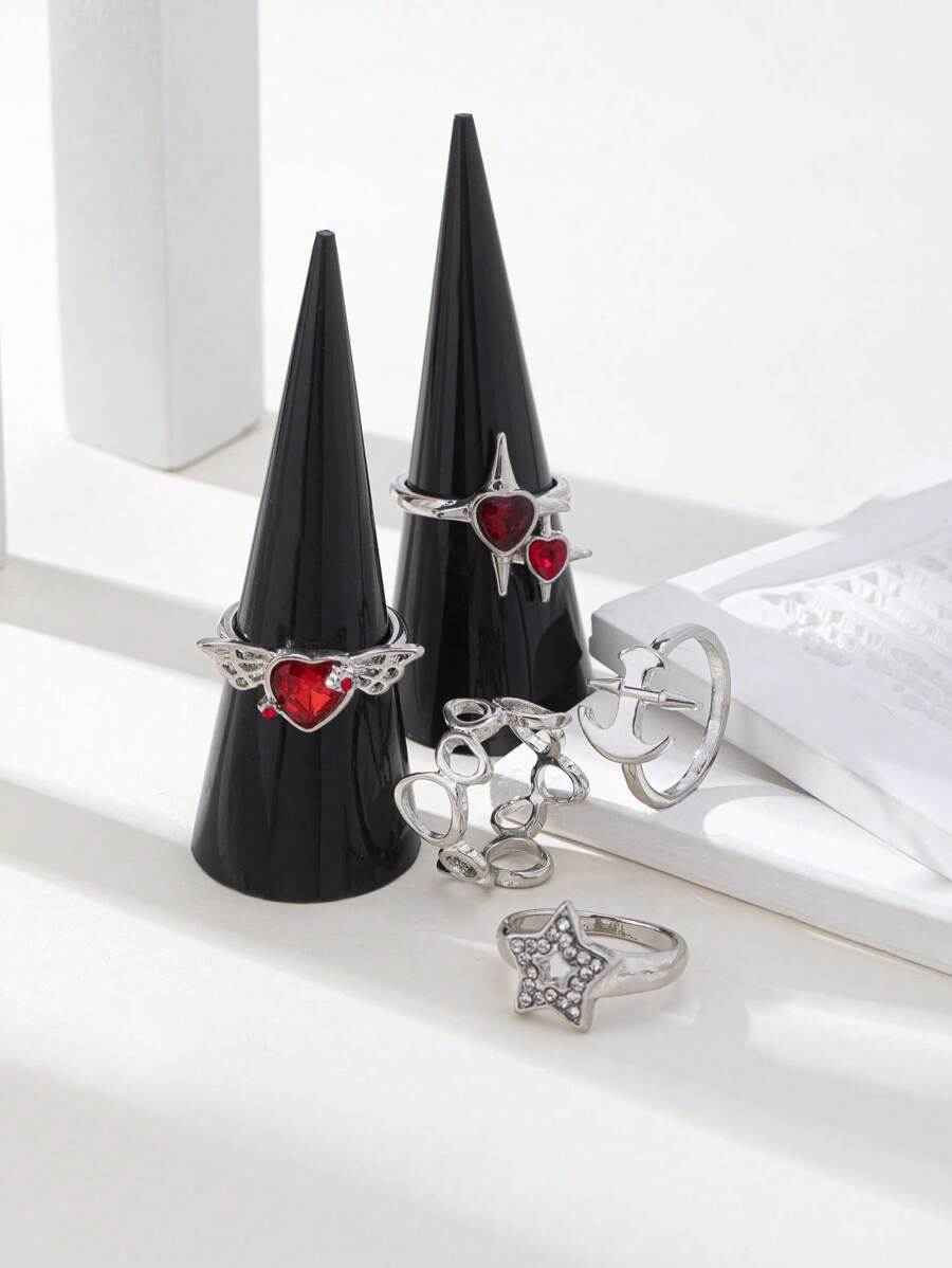 Set Of Gothic Chic Sweet Heart Wing Shiny Heart Hollow Round Circle Rhinestone Five-Pointed Axe Design Rings, Stylish Couple Party & Daily Accessories - Multicolor - View 1