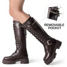 Women's Combat Riding Platform Knee High Boots, Lace Up Fall Lug Sole Gothic Motorcycle Boots With Inside Zipper, 2025 Style - Brown - View 6
