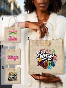 宾果之夜台球彩票图案女士小手提包，可重复使用印花女士手提包，双手柄购物书包，大容量单肩包，休闲手提包，圣诞节收纳袋，适合通勤、上学和购物 - 彩色 - 查看 1