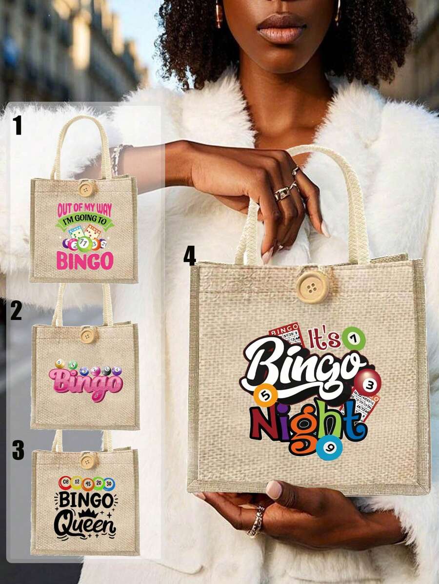宾果之夜台球彩票图案女士小手提包，可重复使用印花女士手提包，双手柄购物书包，大容量单肩包，休闲手提包，圣诞节收纳袋，适合通勤、上学和购物 - 彩色 - 查看 1