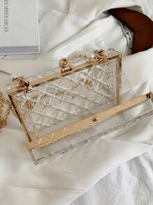 1 件全新亚克力手拿包，配人造珍珠，菱形透明链条手提包，优雅钱包和手机包，非常适合派对礼服、女士礼物，适合情人节、派对、婚礼