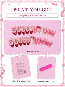 Sanrio Uñas postizas francesas con puntas de almendra de Hello Kitty de Sanrio, 24 piezas, con decoración 3D de Hello Kitty con moño, ajuste perfecto, set de uñas acrílicas falsas, que incluye 1 gel de gelatina y 1 lima de uñas, uñas de Hello Kitty para uso diario y de fiesta para mujeres y niñas